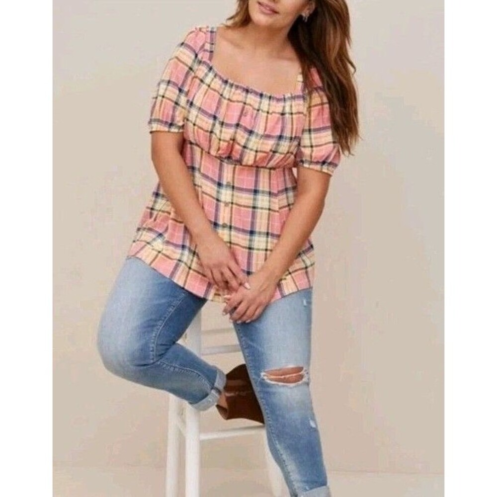 Torrid Plaid Babydoll Rayon Slub Puff Sleeve Top size 3